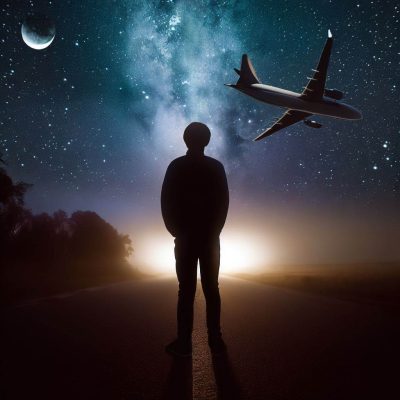 شخصی میانه راه ایستاده و آسمان و ماه و کهکشان را نگاه می‌کند و هواپیما هم در حال گذر از آسمان بالای سر است.
